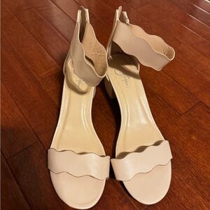 Scallop-Edge Ankle-Strap Heels in Light Beige - Women